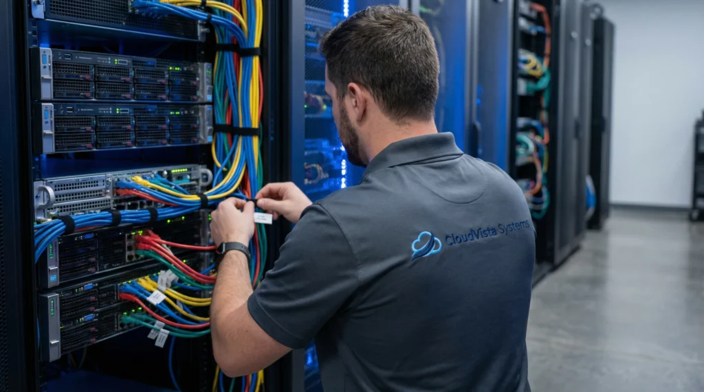 IT team collaborating modern office - CloudVista Systems